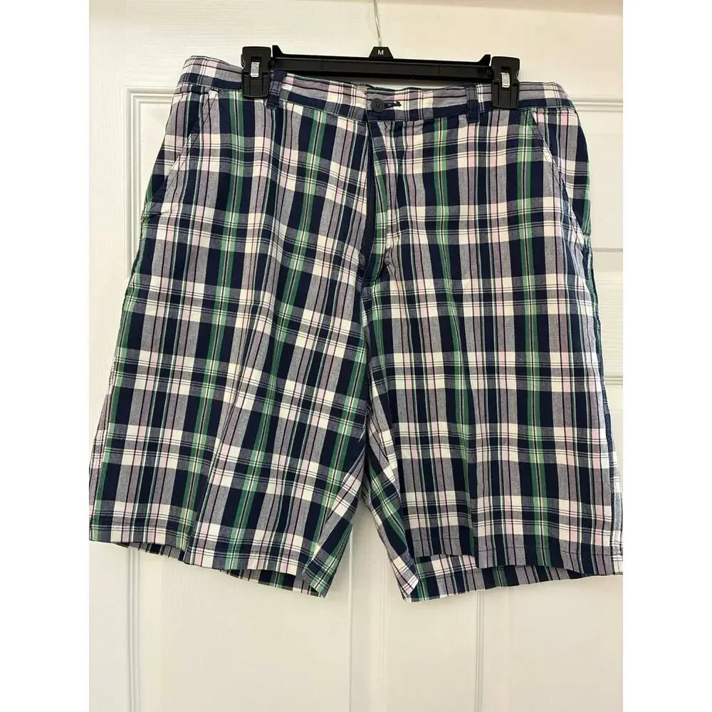Lee Dungarees Mens Plaid Shorts Size 33 Blue‎ Green Cotton Casual Flat Front